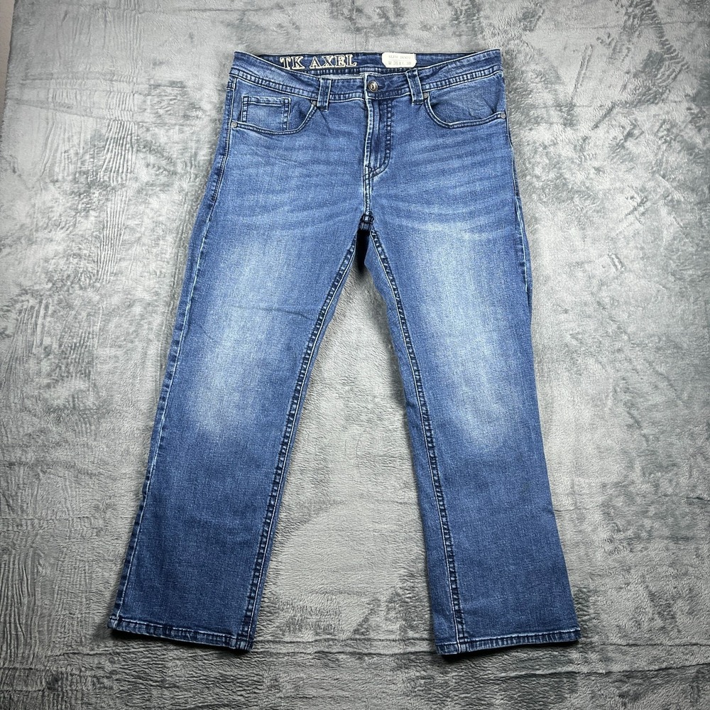 TK Axel Mens Slim Bootcut Jeans 36x30 Blue Whiskered Denim Grunge Streetwear